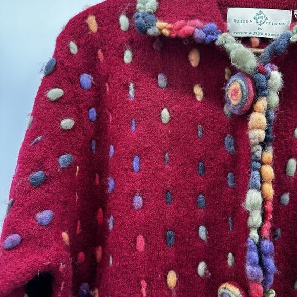 Design Options Cardigan Sweater Womens Large Red Multicolor Art Button Wool - Picture 5 of 15